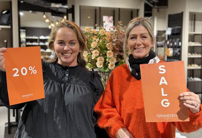 To ansatte hos Tonnessen 1937 viser frem salgsskilt