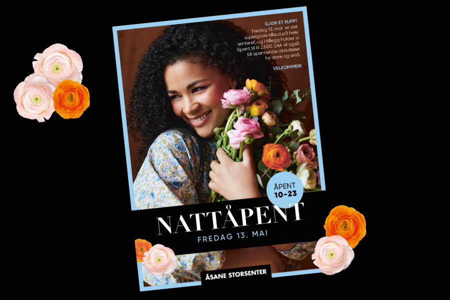 info om nattåpent med dame som holder stor blomsterbukett og tekstinfo