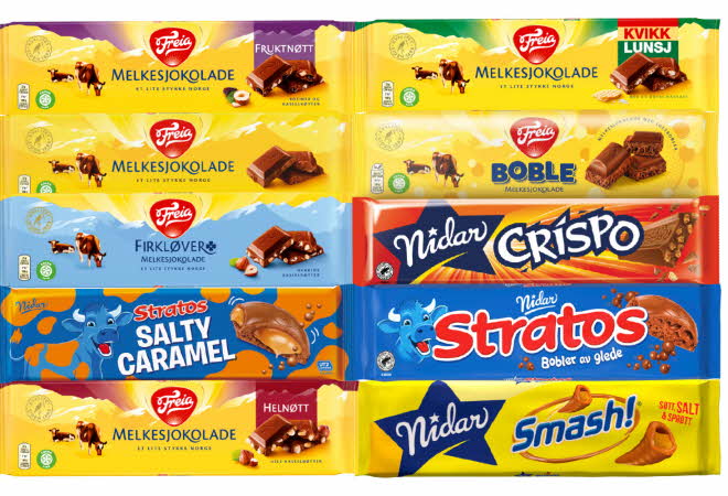 Flere sjokoladeplater fra Freia og Nidar i ulike varianter.