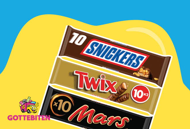 Tre sjokoladebarer med Snickers, Twix og Mars