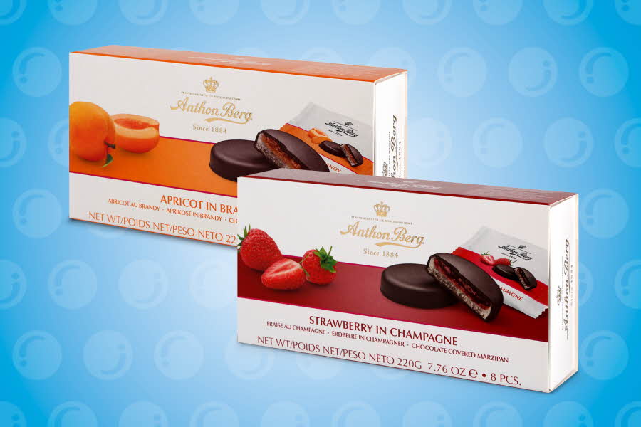 To bokser med Anthon Berg fruit in marzipan i ulike smaker
