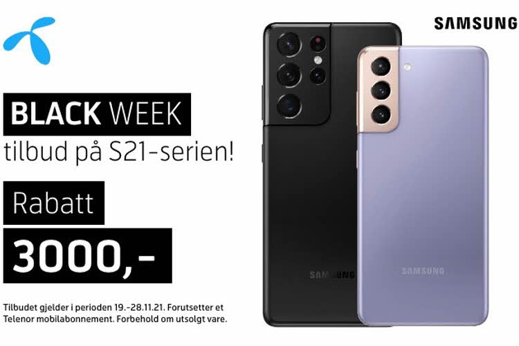 Annonse med Black Week tilbud på Samsung mobiltelefoner
