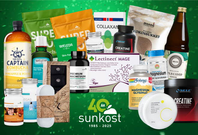 Utvalg av helsekostprodukter fra Sunkost mot grønn bakgrunn med Sunkost 40-årslogo.