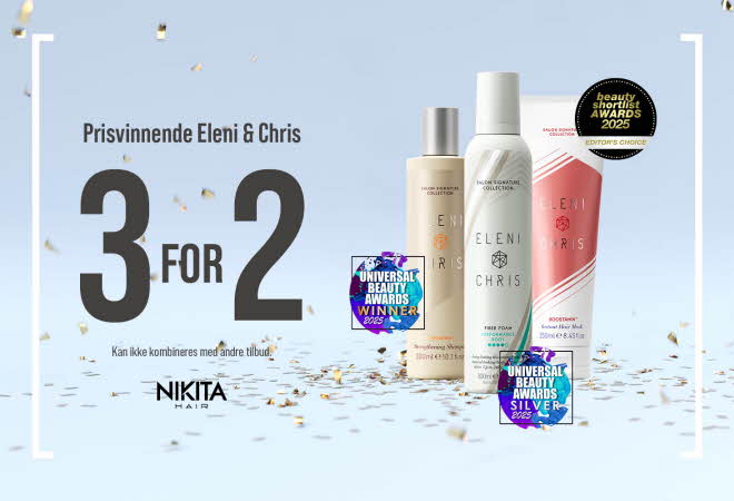 Produkter fra Eleni & Chris med tekst "3 for 2 prisvinnende Eleni & Chris"