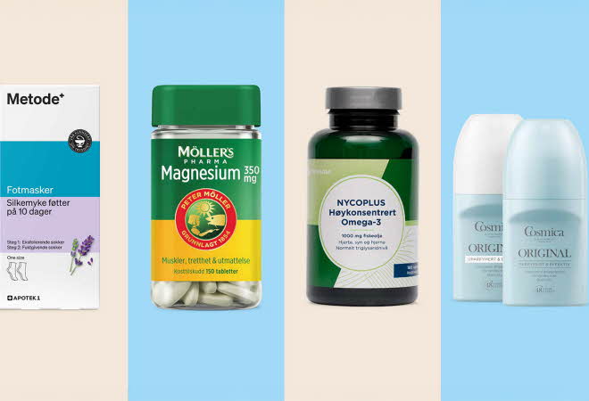 Fire helse- og personlig pleieprodukter: fotmasker, magnesium, Omega-3, og deodorant.