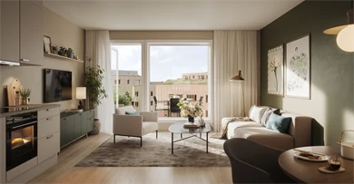 Bilde av en stue og litt av et kjøkken hos boligprosjektet Skårerløkka PREMIUM.