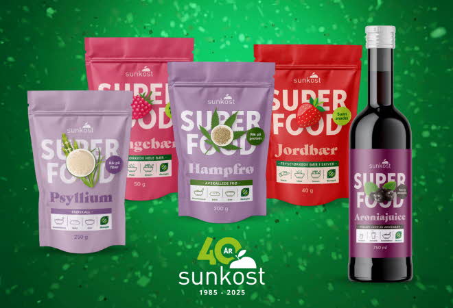 Supermatprodukter som psyllium, ingefær, hampfrø, jordbær og aroniajuice.