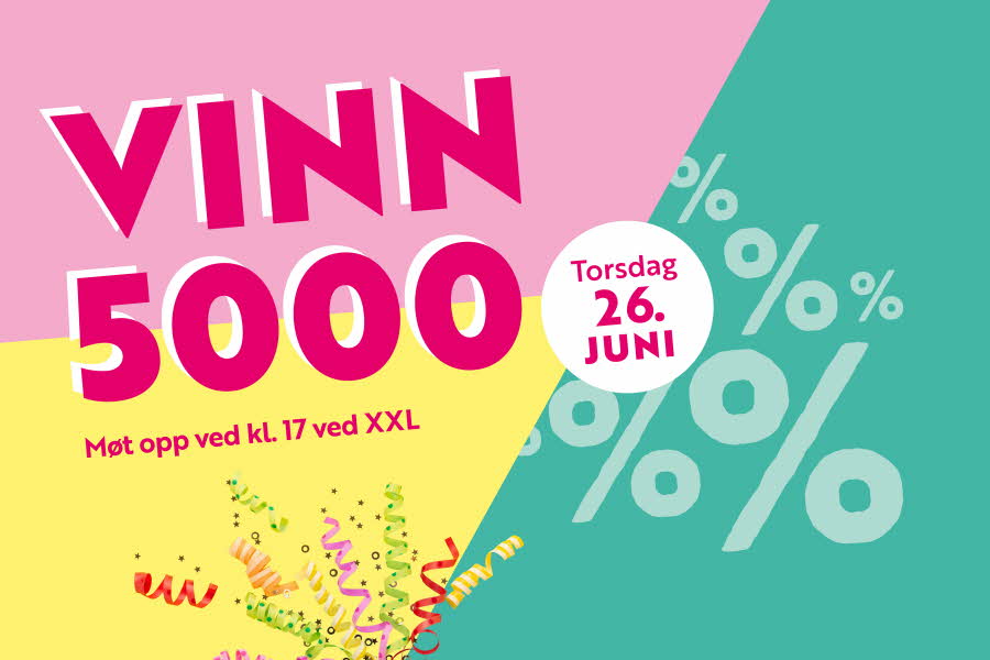 Rosa, gul og grønn bakgrunn med tekst "handelens dag - VINN 5000" 