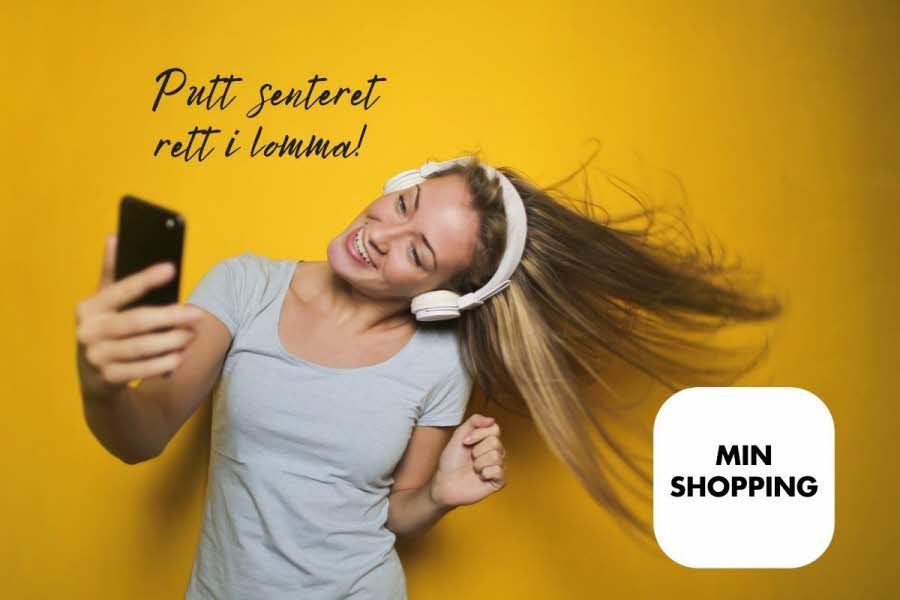 Ung jente med mobil og og appen Min Shopping