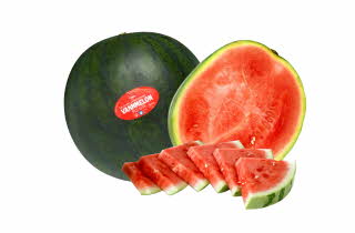 En hel, en halv og oppkuttede biter av vannmelon