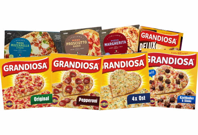 Et utvalg av Grandiosa- og Coop-frossenpizzaer.