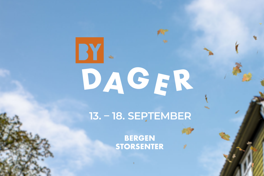 bilde av blå himmel med tekst Bydager trettende til og med attende september bergen storsenter