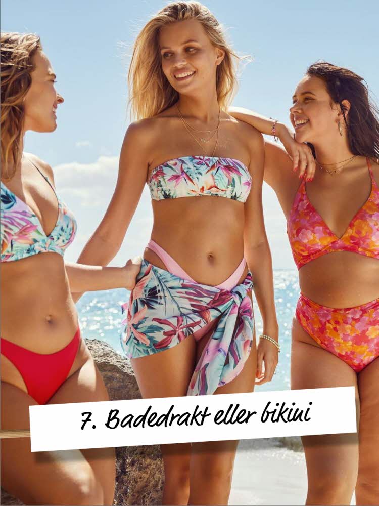 7. Badedrakt eller bikini. 3 smilende damer i bikini.