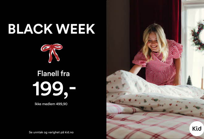 Inspirasjonsbilde av varer fra Kid Interiør med tekst: "black week - flanell fra 199"