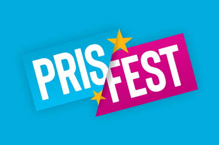 Blå bakgrunn, Prisfest-logo i blått, rosa og gult med hvit tekst