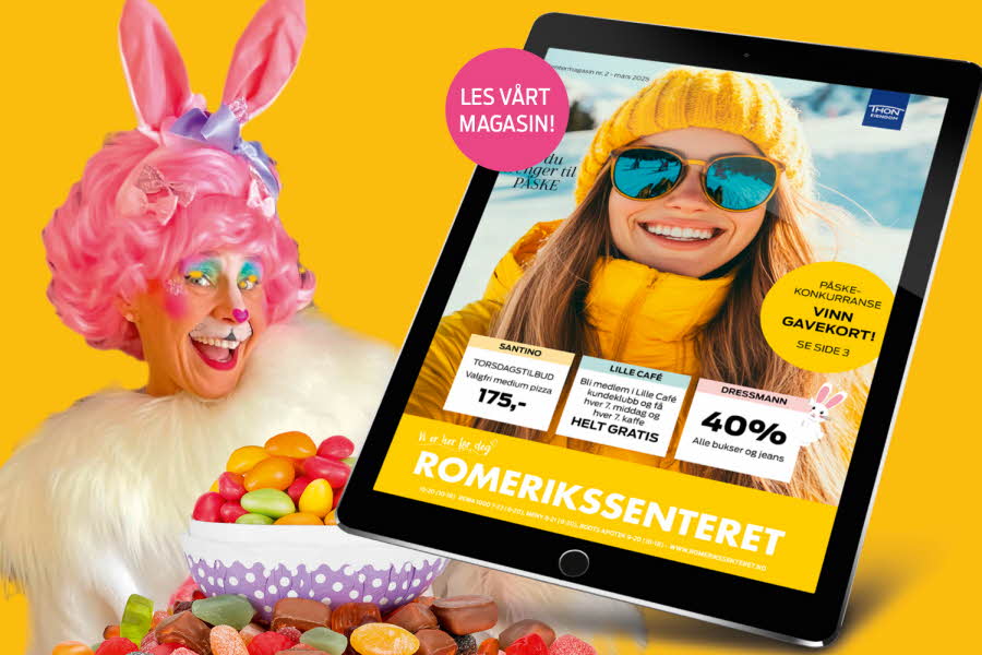 Dame som er kledd ut som kanin, godteri og magasinfremside på en nettbrett