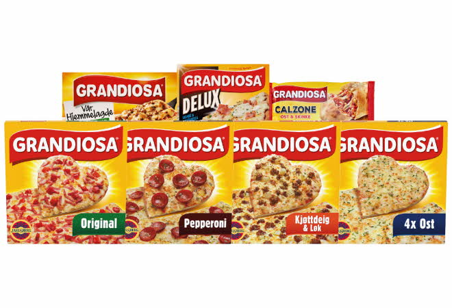 7 varianter av Grandiosa pizza.