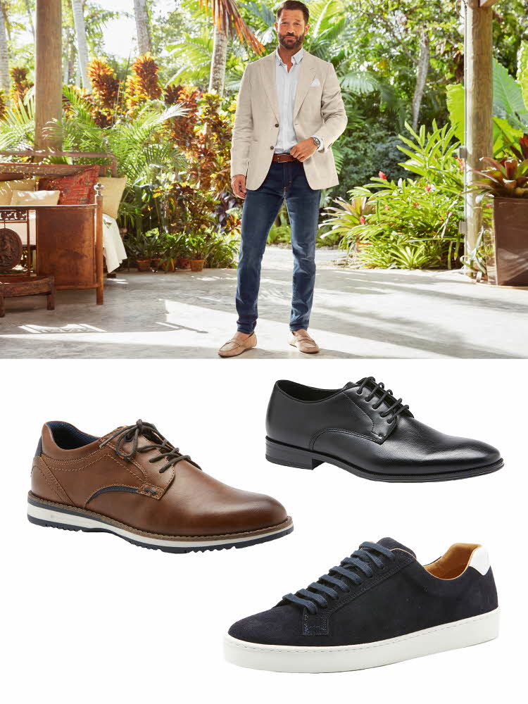 mann i beige dressjakke, hvit skjorte og blå jeans. Svarte og brune dressko, svarte og hvite sneakers