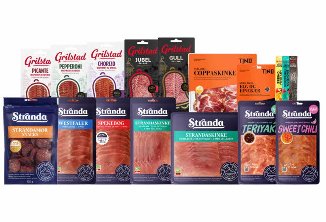Et stort utvalg med skåret spekemat fra Stranda, Grilstad og Tind