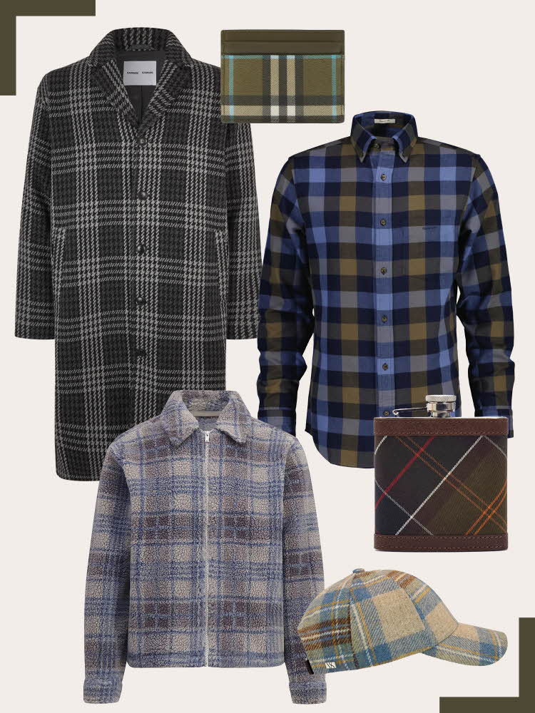 Grårutete lang kåpe, grønnrutete kortholder, blårutet skjorte, blårutet teddyjakke, Burberry lommerlerke, rutete caps.