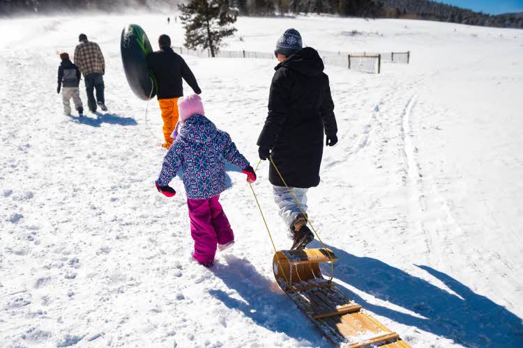 Voksne og barn sett bakfra mens de går i snøen og drar på kjelke og bærer badering til å ake på