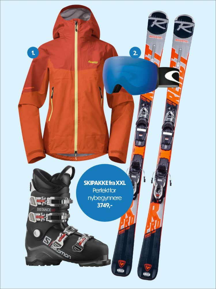 Produktbilder av skijakke, slalåmstøvler, skobriller og slalåmski