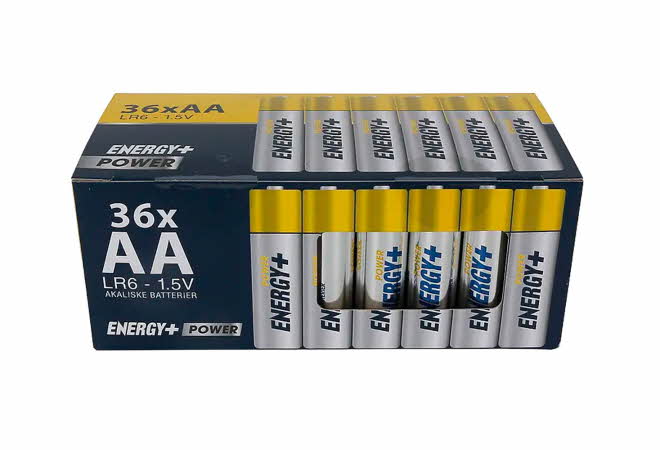 Pakke med 36 stykk AA-batterier fra Energy+.