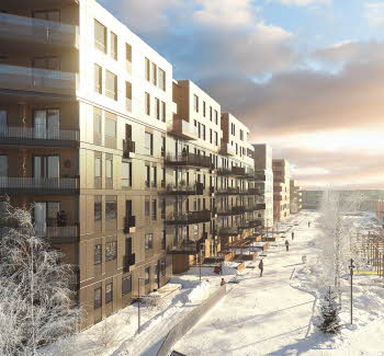 3D-illustrasjon fra Lørenskog av boligblokk og kjøpesenter i vinterlandskap.