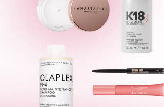 Fem skjønnhets- og hårpleieprodukter fra merker som Anastasia, K18, Olaplex og Clarins.
