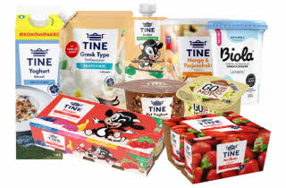 Et utvalg TINE-yoghurtprodukter i ulike varianter.