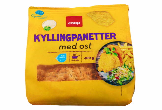 En pakke med Coop kyllingpanetter med ost