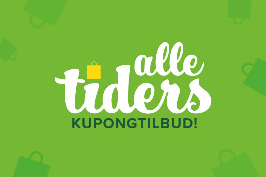 Grønn bakgrunn med illustrerte handleposer i mørkere grønn med teksten "alle tiders kupongtilbud!"