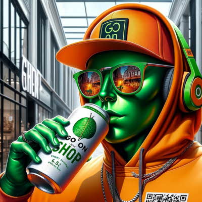 En AI-generert karakter med grønn hud, iført en oransje og grønn caps, hettegenser, hodetelefoner og solbriller, mens den drikker fra en boks, med et kjøpesenter i bakgrunnen.