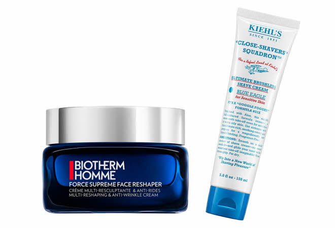 Herreprodukter fra Biotherm og Kiehl’s for hudpleie og barbering.