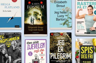 Bokomslag for åtte titler i ulike sjangre, inkludert romaner, krim og livsstil.