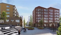 Illustrasjon av hvordan hotell og boliger ser ut når det er ferdig ved Sartor Storsenter