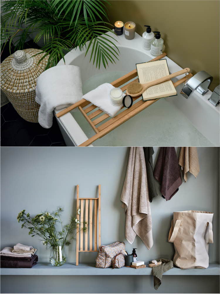 Badekar dekket med såper langs kanten og opphengte håndklær