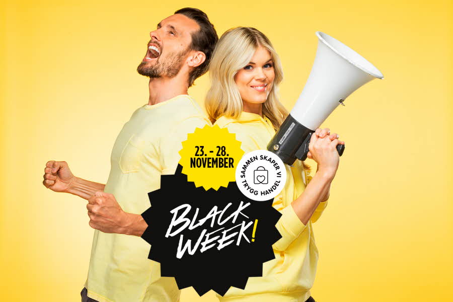 mann og dame står rygg mot rygg med gul genser på gul bakgrunn, kvinnen holder en megafon, teksten Black Week i svart boble,datoene 23.-28. november i gul boble, trygg handel-logoen ved siden av