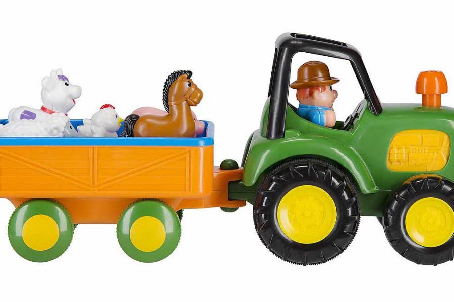 leketraktor med bonde og dyr på lasteplan