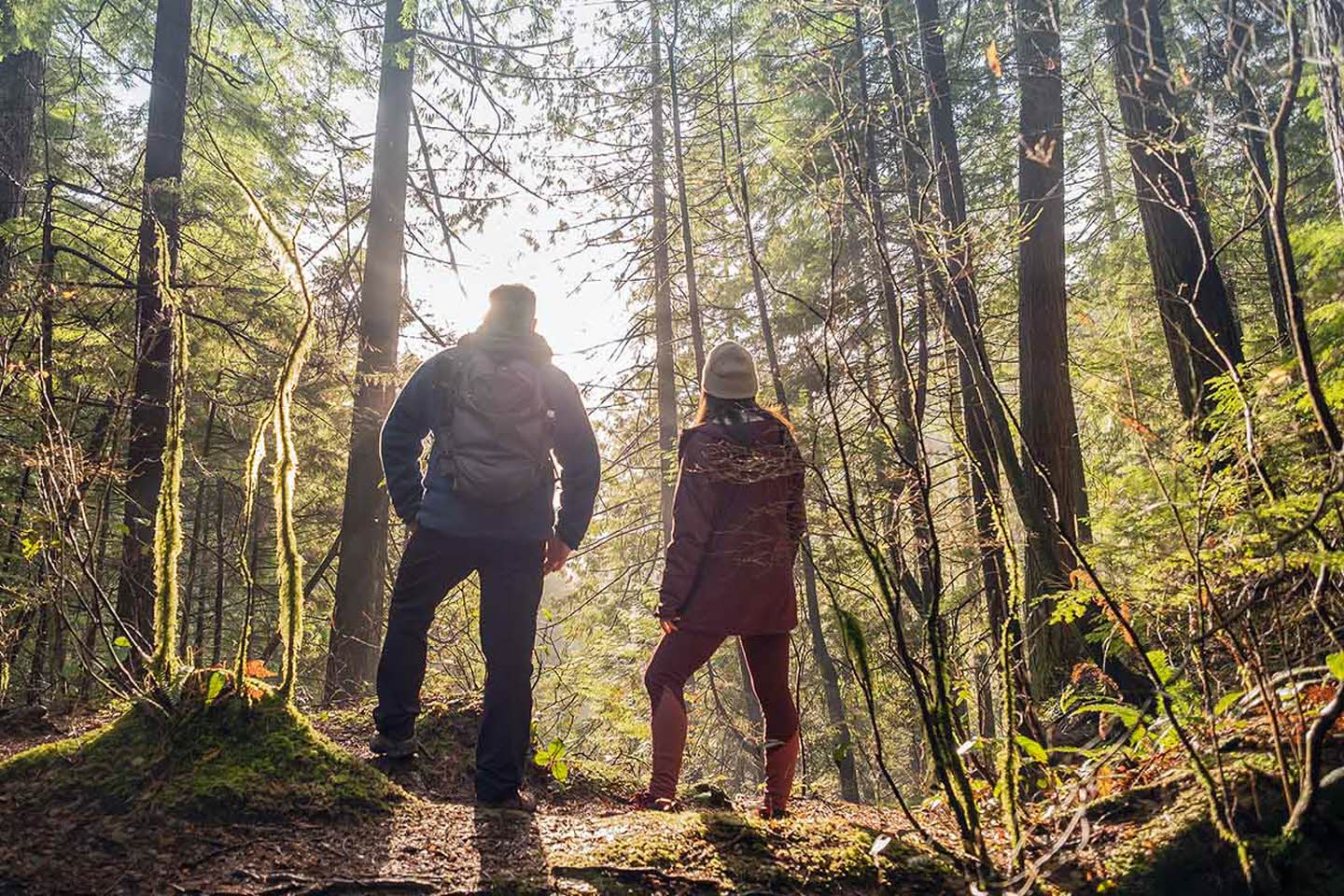 Mann og jente står med ryggen mot kamera og ser mot solnedgang i kjølig høstlys i skogen. Foto til artikkel om opplevelsesgaver til farsdag.