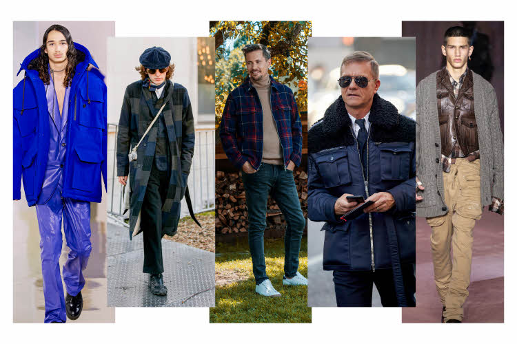Fem bilder av menn som viser høstens trender
