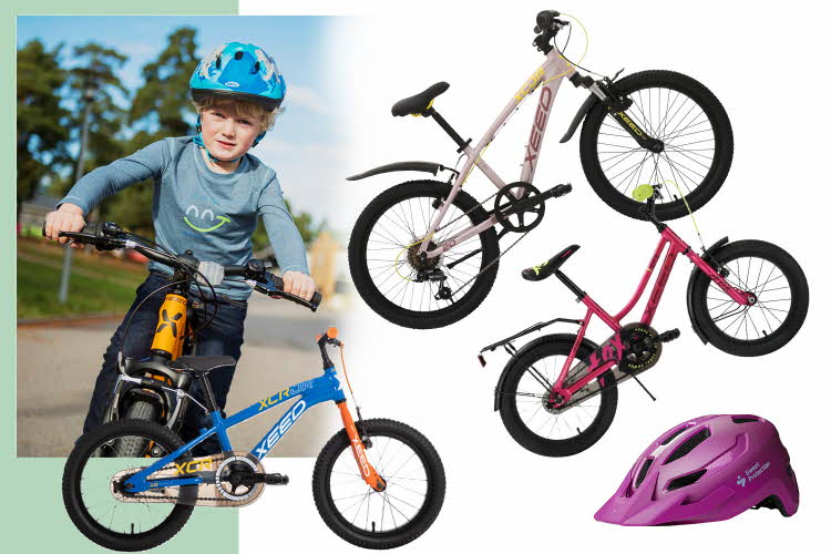Kollasj av sykler til barn og hjelm, gutt som sykler