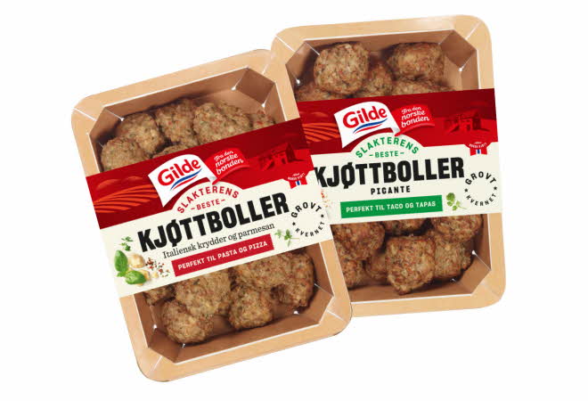 To pakker med kjøttboller fra Gilde