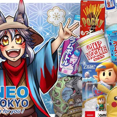 illustrasjon av en karakter og diverse matretter, figurer og andre japanske varer på bildet med neo tokyo logo i venstre hjørnet