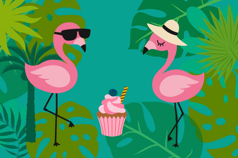 To flamingo, en med solbriller og en med solhatt. Rosa muffins i mellom med tropiske blader i bakgrunn