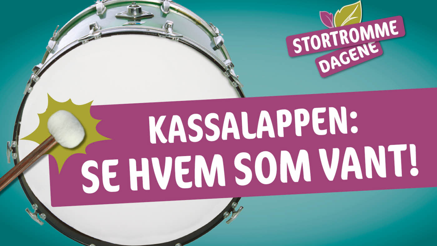 blå bakgrunn med stortromme på, og teksten "stortrommedagene - kassalappen: se hvem som vant!"
