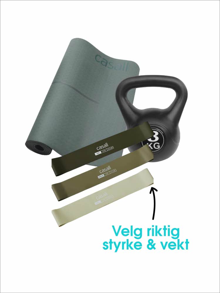 Treningsmatte, treningsstrikk og kettlebell. Tekst: Velg riktig styrke & vekt