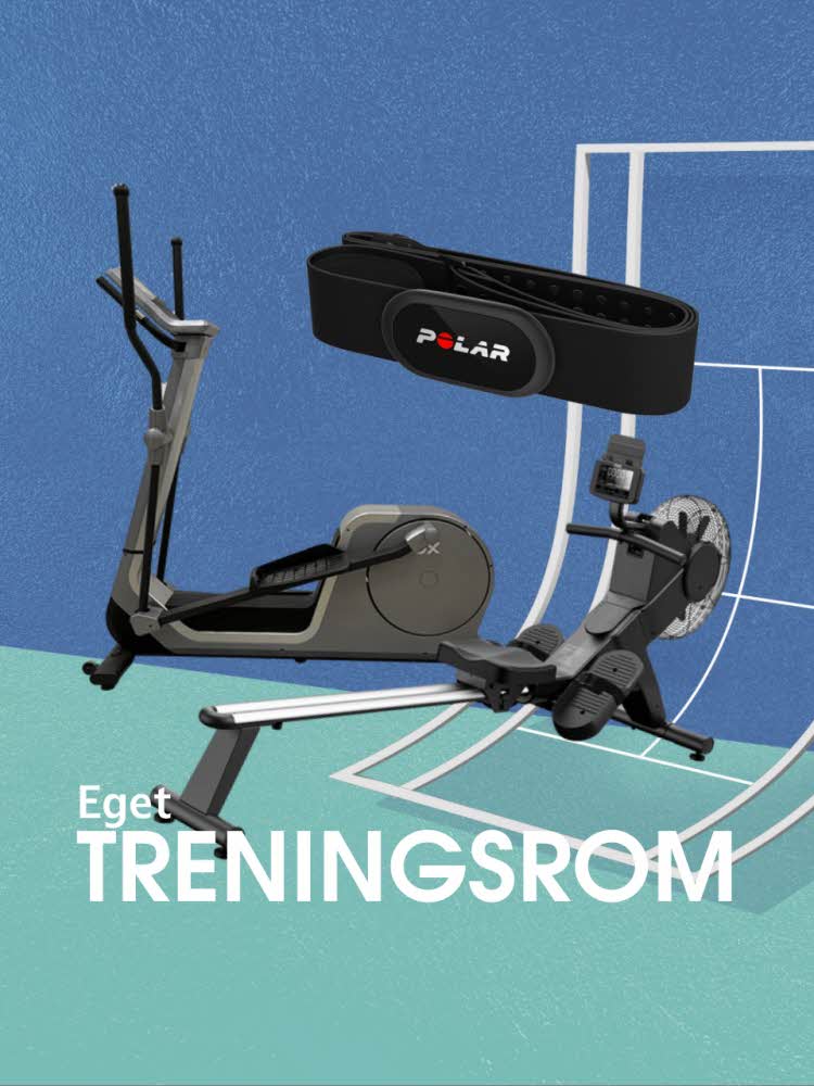 Eget treningsrom. Pulsbånd, ellipsemaskin, romaskin.