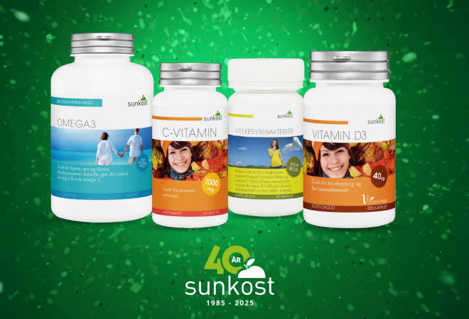 Kosttilskudd fra Sunkost, inkludert Omega-3, vitamin C, D3 og probiotika.