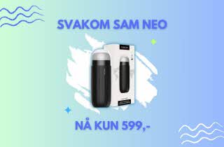 Blågrønn bakgrunn med bilde av Svakom Sam Neo og tekst" Svakom Sam Neo nå kun 599,-"